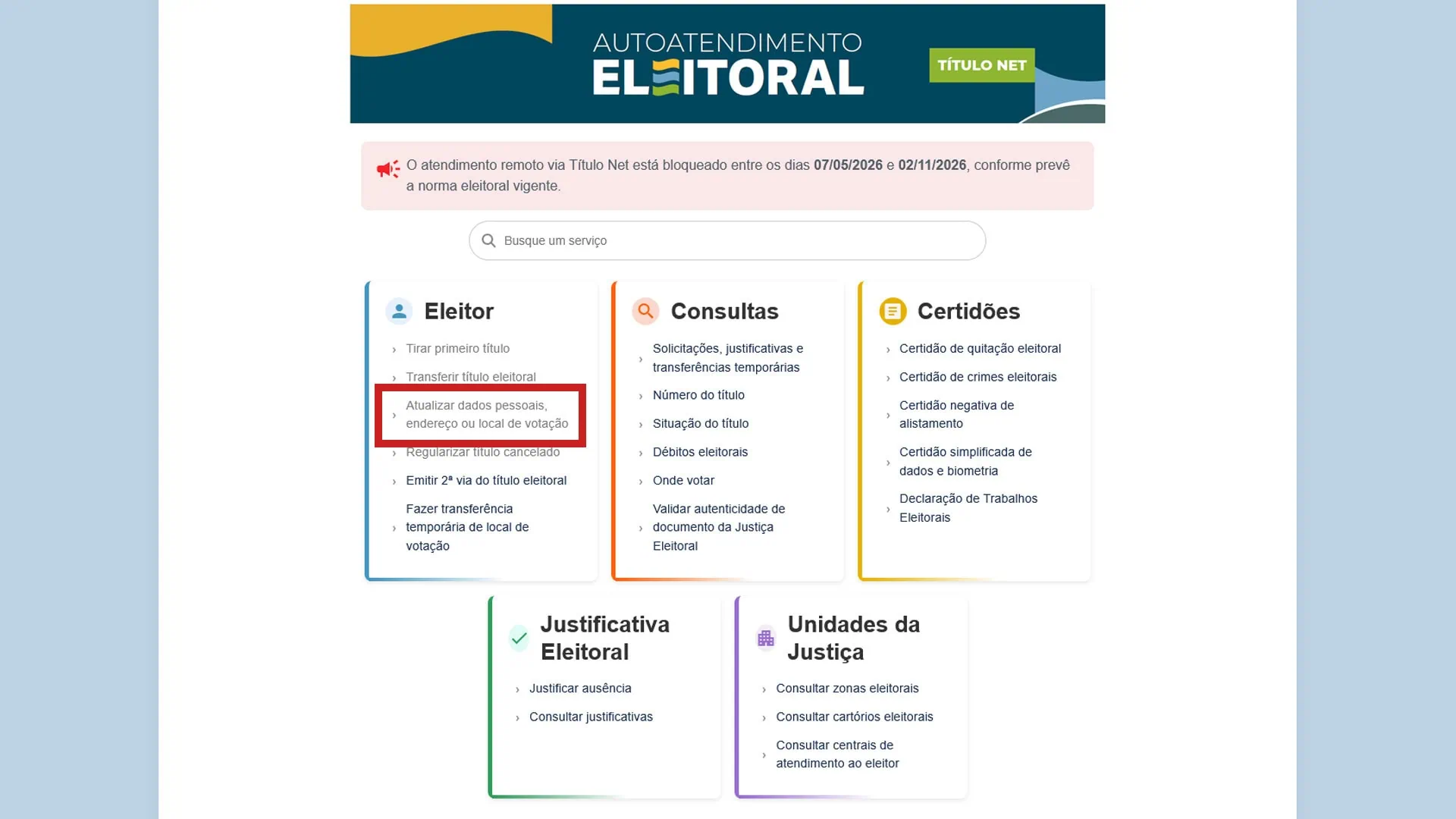 Veja como fazer ou atualizar o rg, cin, cpf, cnh, e-título e outros documentos online Diversas colunas com opção no autoatendimento eleitoral mas destacando a opção atualizar dados pessoais