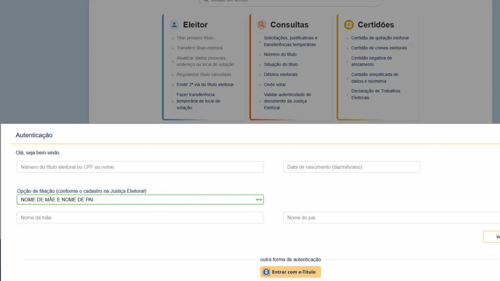 Veja como fazer ou atualizar o rg, cin, cpf, cnh, e-título e outros documentos online Autenticação do site do tse pedindo nome, data de nascimento e nome dos pais
