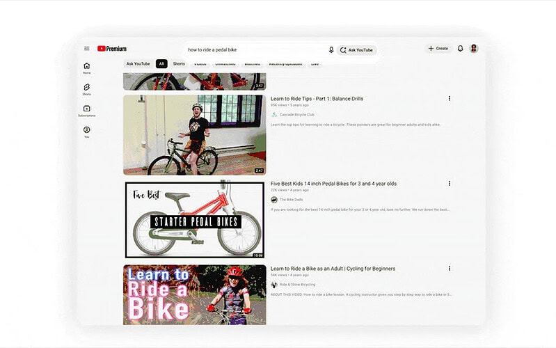 Demonstração do pergunte ao youtube mostrando resposta de ia para uma busca sobre freios de bicicleta