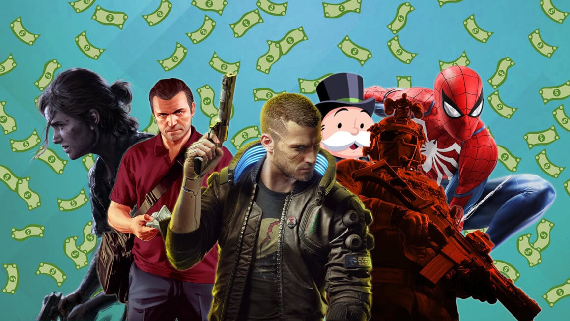 Imagem com vários personagens de videogame atrás de uma chuva de dinheiro
