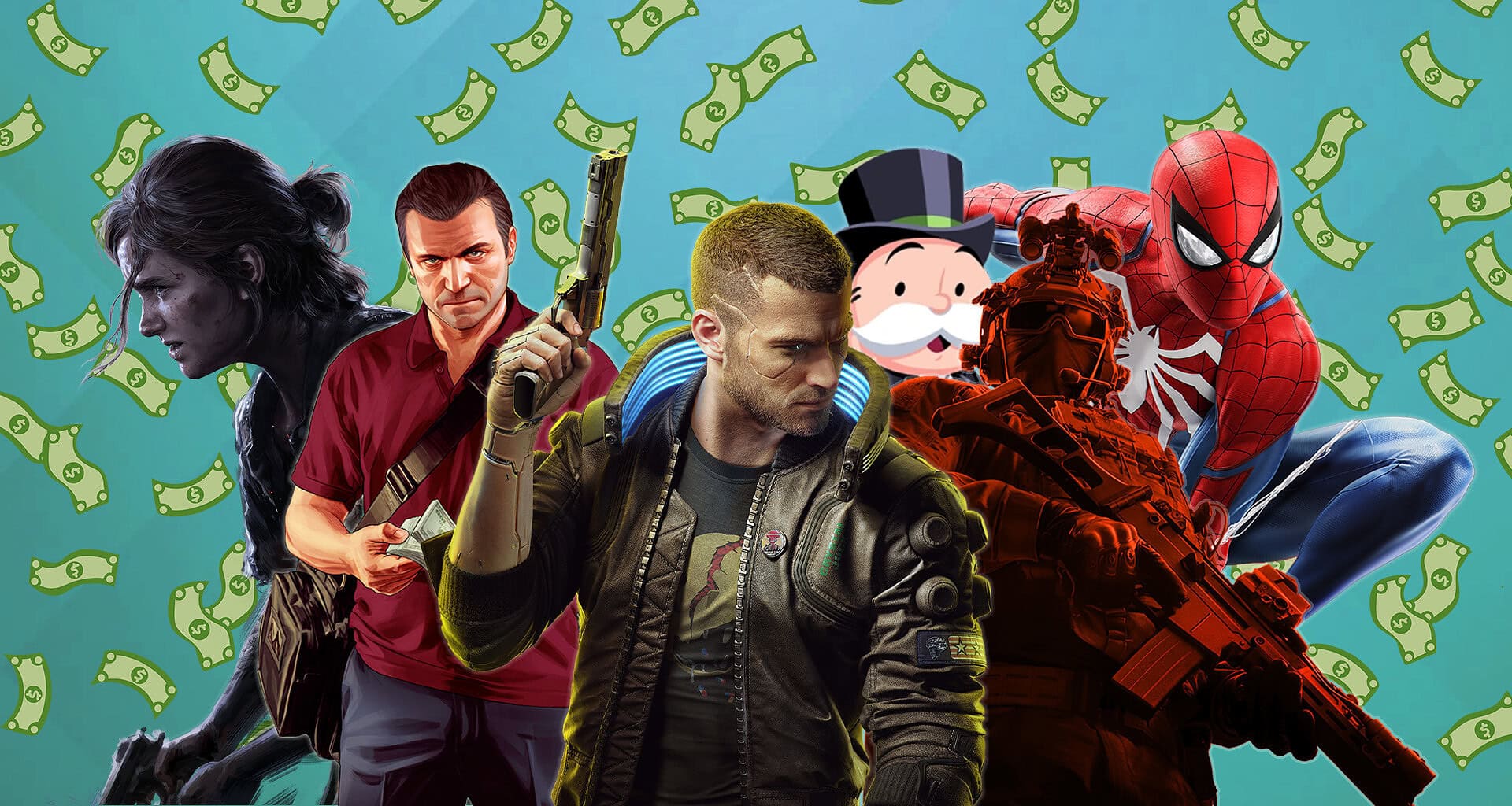 Imagem com vários personagens de videogame atrás de uma chuva de dinheiro