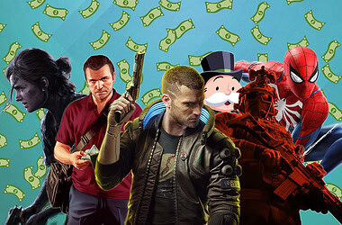Imagem com vários personagens de videogame atrás de uma chuva de dinheiro