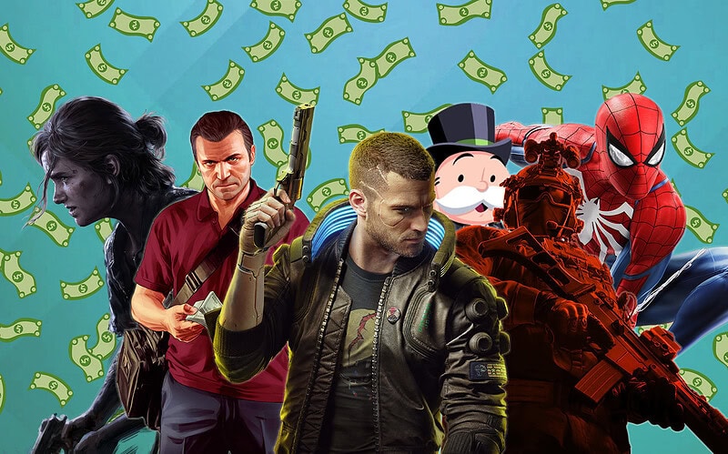 Imagem com vários personagens de videogame atrás de uma chuva de dinheiro
