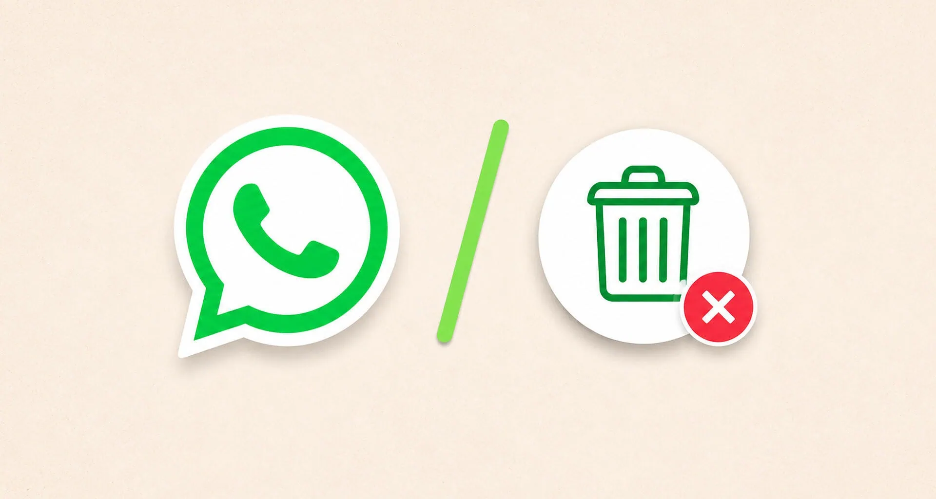 Ilustração com o logotipo do whatsapp em verde à esquerda, uma barra divisória e um ícone de lixeira com um x vermelho ao lado, simbolizando a limpeza e exclusão de arquivos para liberar espaço no aplicativo de mensagens.