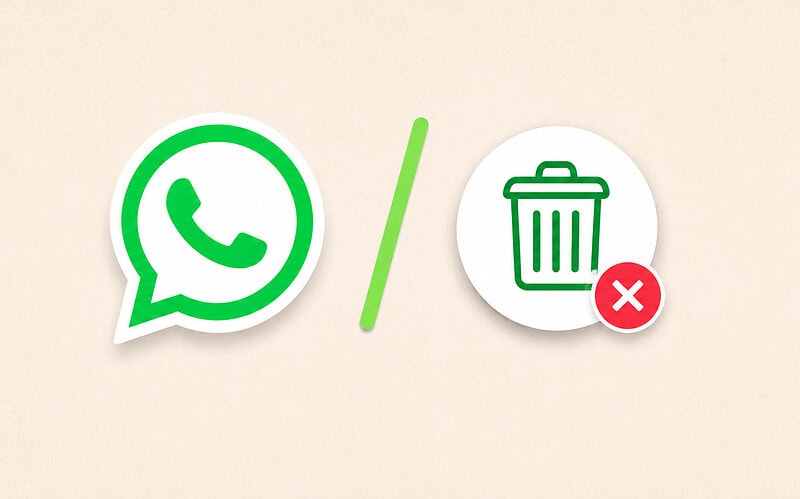 Ilustração com o logotipo do whatsapp em verde à esquerda, uma barra divisória e um ícone de lixeira com um x vermelho ao lado, simbolizando a limpeza e exclusão de arquivos para liberar espaço no aplicativo de mensagens.