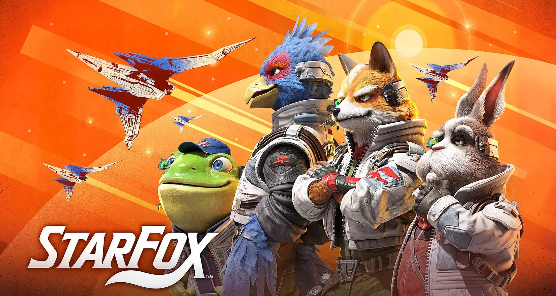 Arte oficial do jogo star fox para nintendo switch 2. No centro, fox mccloud aparece com traje espacial cinza e braços cruzados, flanqueado por falco lombardi (pássaro azul), slippy toad (sapo verde com boné) e peppy hare (coelho cinza), todos com uniformes detalhados e a insígnia da equipe. Ao fundo, três naves arwing voam em formação contra um céu em tons de laranja com faixas de luz. O logotipo 'star fox' está posicionado em letras brancas estilizadas no canto inferior esquerdo.