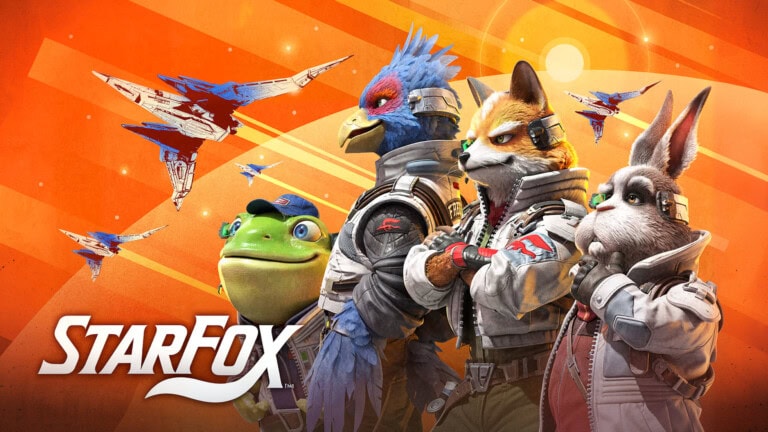 Arte oficial do jogo star fox para nintendo switch 2. No centro, fox mccloud aparece com traje espacial cinza e braços cruzados, flanqueado por falco lombardi (pássaro azul), slippy toad (sapo verde com boné) e peppy hare (coelho cinza), todos com uniformes detalhados e a insígnia da equipe. Ao fundo, três naves arwing voam em formação contra um céu em tons de laranja com faixas de luz. O logotipo 'star fox' está posicionado em letras brancas estilizadas no canto inferior esquerdo.