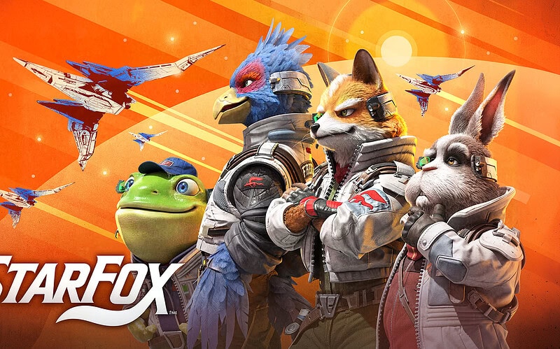 Arte oficial do jogo star fox para nintendo switch 2. No centro, fox mccloud aparece com traje espacial cinza e braços cruzados, flanqueado por falco lombardi (pássaro azul), slippy toad (sapo verde com boné) e peppy hare (coelho cinza), todos com uniformes detalhados e a insígnia da equipe. Ao fundo, três naves arwing voam em formação contra um céu em tons de laranja com faixas de luz. O logotipo 'star fox' está posicionado em letras brancas estilizadas no canto inferior esquerdo.