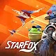 Nintendo Switch 2用ゲーム『スターフォックス』の公式アートワーク。中央には、腕を組んだ灰色の宇宙服を着たフォックス・マクラウドが描かれ、その両脇にはファルコ・ランバルディ（青い鳥）、スリッピー・トード（帽子をかぶった緑のカエル）、ペッピー・ヘア（灰色のウサギ）が、それぞれ精巧なユニフォームとチームのエンブレムを身に着けて立っている。背景には、光の筋が走るオレンジ色の空を背景に、3機のアーウィングが編隊飛行している。左下隅には、スタイリッシュな白い文字で「スターフォックス」のロゴが配置されている。
