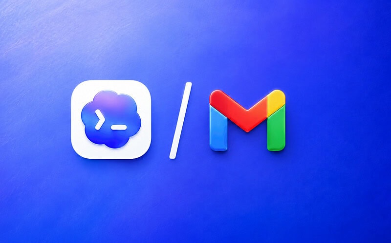 Logos do codex (nuvem azul com símbolos de terminal) e do gmail separados por barra em fundo azul gradiente