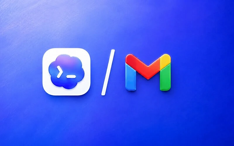 Logos do codex (nuvem azul com símbolos de terminal) e do gmail separados por barra em fundo azul gradiente