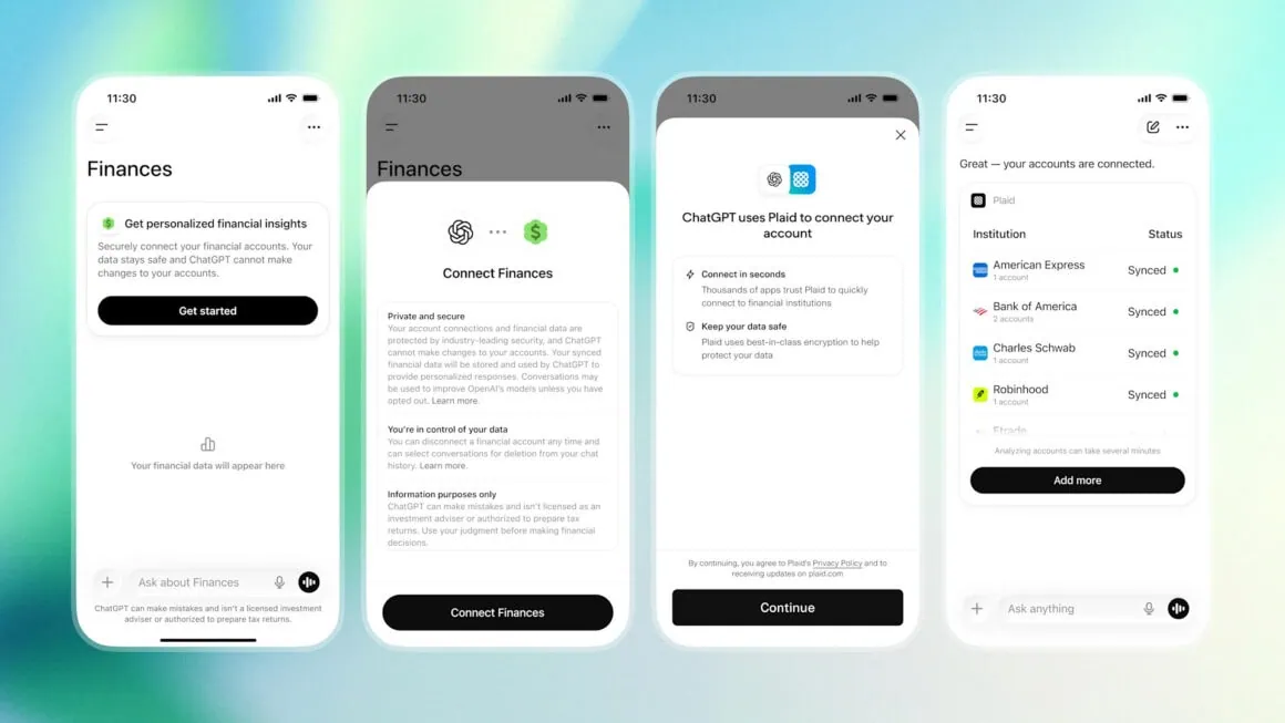 Telas do chatgpt mostrando o fluxo para conectar contas bancárias ao recurso finanças via plaid