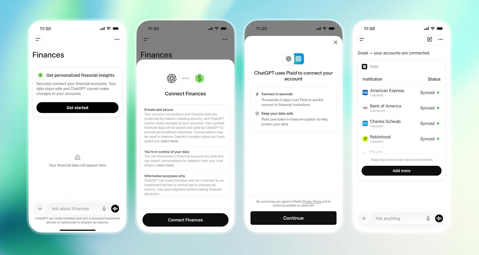 Telas do chatgpt mostrando o fluxo para conectar contas bancárias ao recurso finanças via plaid