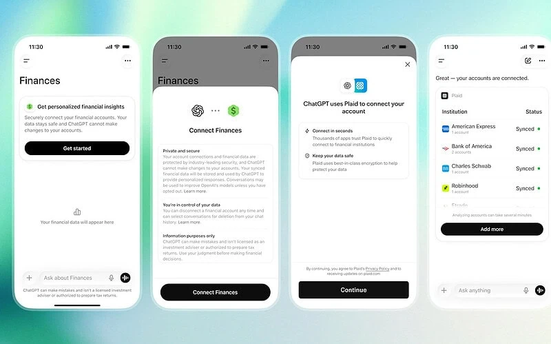 Telas do chatgpt mostrando o fluxo para conectar contas bancárias ao recurso finanças via plaid