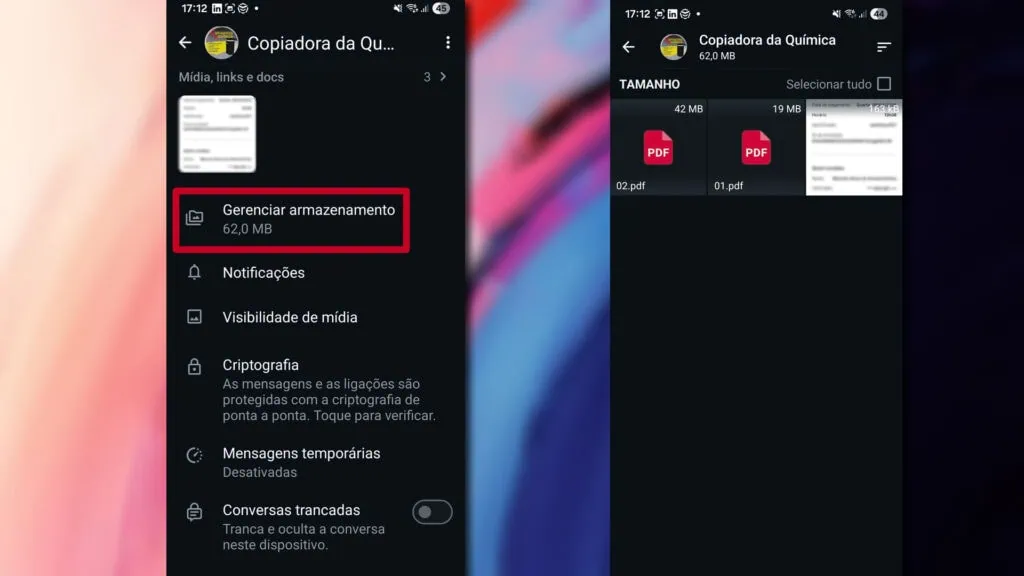 Saiba como liberar espaço no whatsapp Duas telas do whatsapp mostrando o processo de gerenciamento de armazenamento por conversa. À esquerda, o menu de configurações do chat 'copiadora da química' com a opção 'gerenciar armazenamento' destacada em vermelho indicando 62,0 mb ocupados. À direita, a tela de arquivos da conversa listando pdfs por tamanho (42 mb e 19 mb) com a opção 'selecionar tudo' para exclusão em massa.
