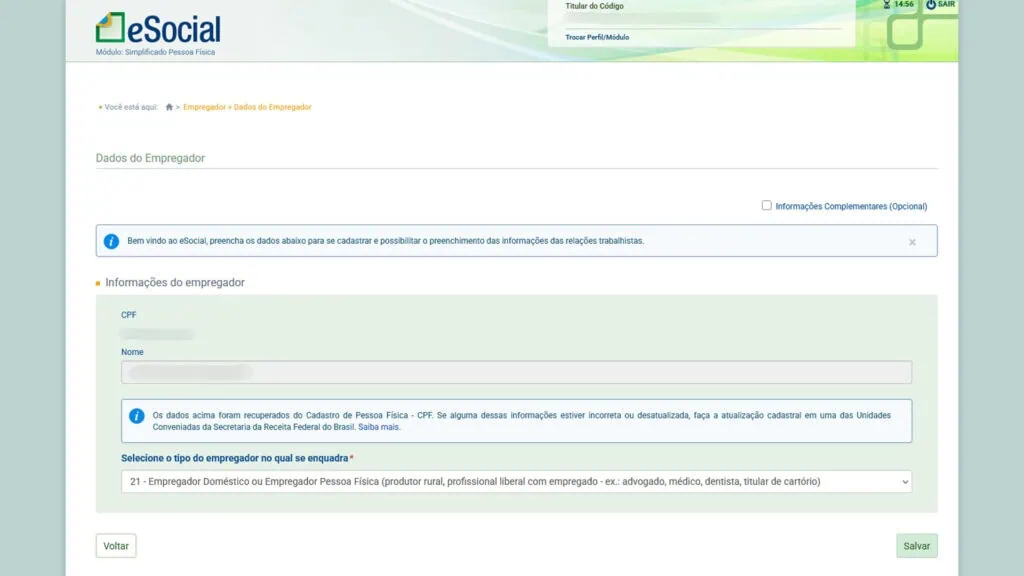 Veja como fazer ou atualizar o rg, cin, cpf, cnh, e-título e outros documentos online Tela inicial do esocial mostrando nome e cpf do empregador