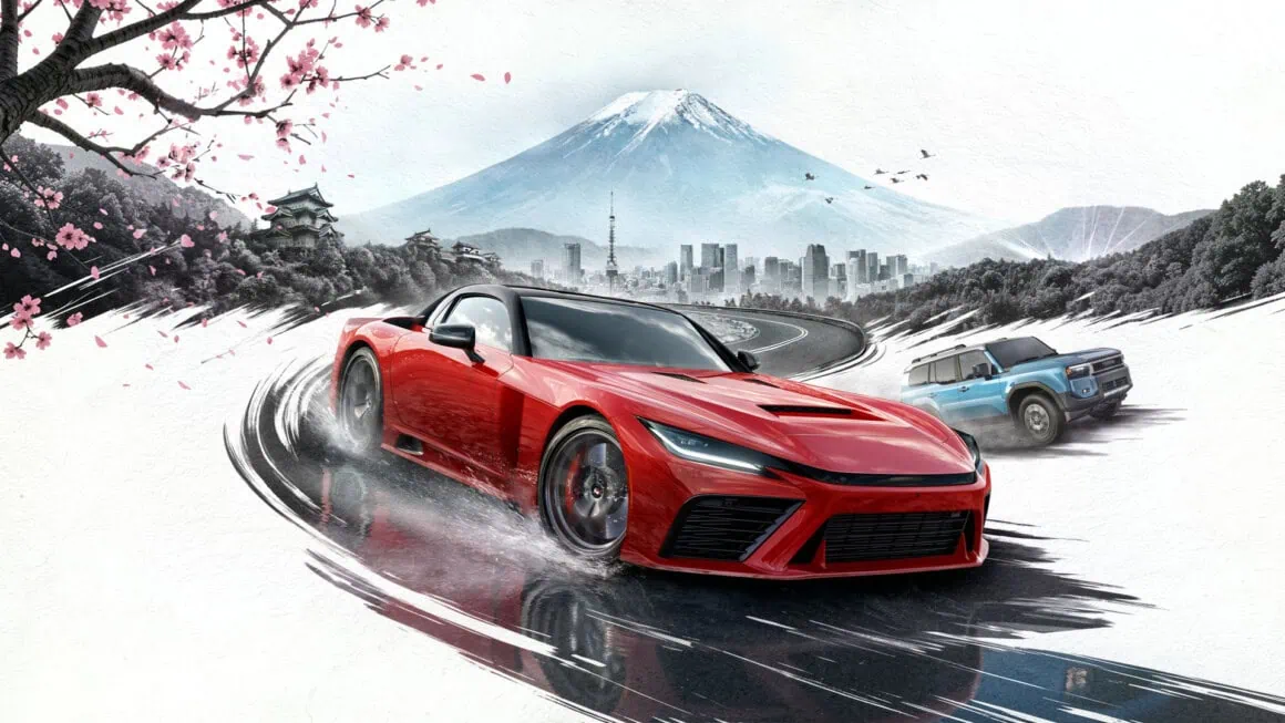 Arte promocional do forza horizon 6 pc mostrando carro esportivo vermelho em estrada molhada com reflexos no japão, com monte fuji nevado, cerejeiras em flor, castelo tradicional e skyline de tóquio ao fundo, cenário que exige configurações otimizadas para rodar com qualidade gráfica máxima e bom benchmark de desempenho
