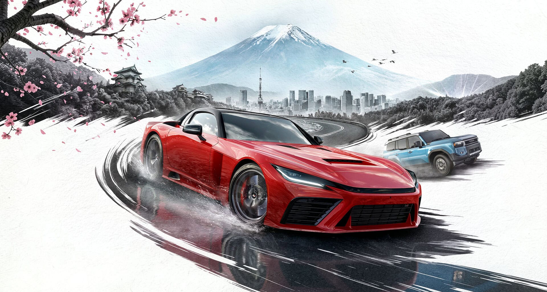 Arte promocional do forza horizon 6 pc mostrando carro esportivo vermelho em estrada molhada com reflexos no japão, com monte fuji nevado, cerejeiras em flor, castelo tradicional e skyline de tóquio ao fundo, cenário que exige configurações otimizadas para rodar com qualidade gráfica máxima e bom benchmark de desempenho