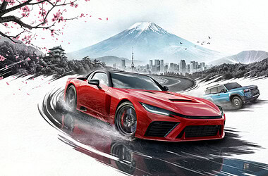 Arte promocional do forza horizon 6 pc mostrando carro esportivo vermelho em estrada molhada com reflexos no japão, com monte fuji nevado, cerejeiras em flor, castelo tradicional e skyline de tóquio ao fundo, cenário que exige configurações otimizadas para rodar com qualidade gráfica máxima e bom benchmark de desempenho