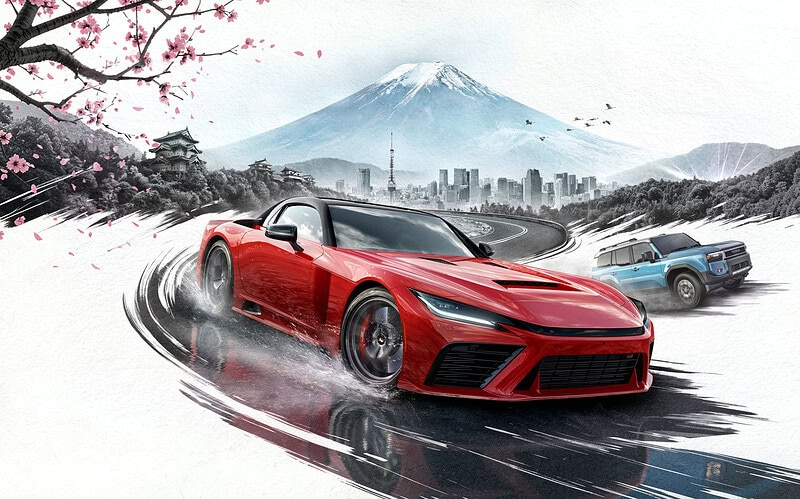 Arte promocional do forza horizon 6 pc mostrando carro esportivo vermelho em estrada molhada com reflexos no japão, com monte fuji nevado, cerejeiras em flor, castelo tradicional e skyline de tóquio ao fundo, cenário que exige configurações otimizadas para rodar com qualidade gráfica máxima e bom benchmark de desempenho