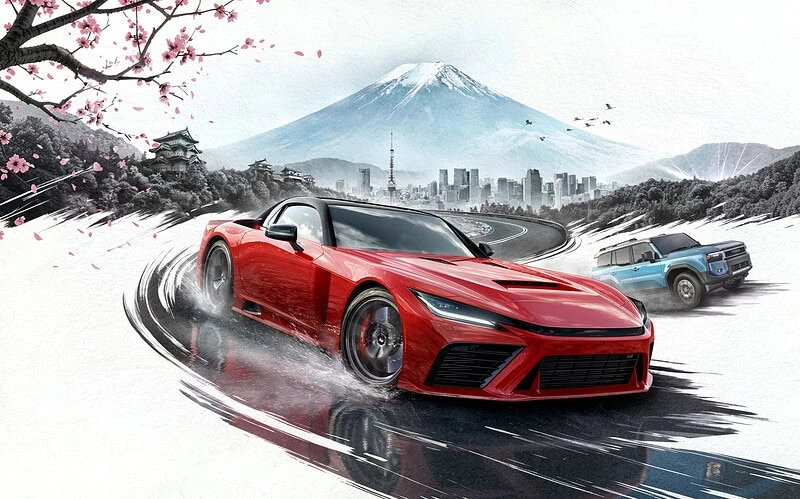 Arte promocional do forza horizon 6 pc mostrando carro esportivo vermelho em estrada molhada com reflexos no japão, com monte fuji nevado, cerejeiras em flor, castelo tradicional e skyline de tóquio ao fundo, cenário que exige configurações otimizadas para rodar com qualidade gráfica máxima e bom benchmark de desempenho