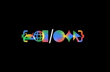 Palco do google i/o 2026 com ícones coloridos durante abertura de sundar pichai