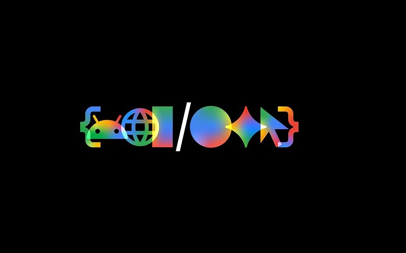 Palco do google i/o 2026 com ícones coloridos durante abertura de sundar pichai