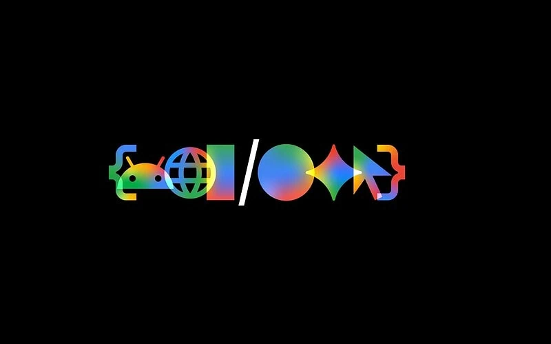 Palco do google i/o 2026 com ícones coloridos durante abertura de sundar pichai