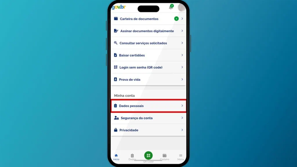 Veja como fazer ou atualizar o rg, cin, cpf, cnh, e-título e outros documentos online Tela inicial do app gov. Br mostrando onde acessar os dados pessoais