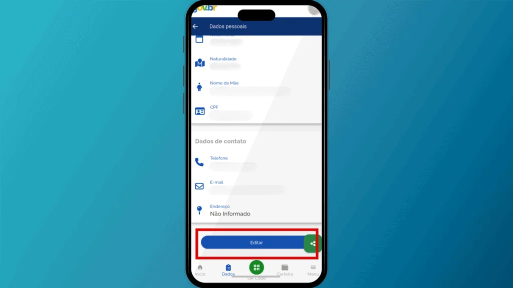 Veja como fazer ou atualizar o rg, cin, cpf, cnh, e-título e outros documentos online App do gov. Br mostrando o botão editar dentro da seção dados cadastrais