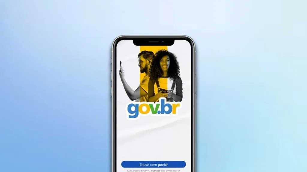 Veja como fazer ou atualizar o rg, cin, cpf, cnh, e-título e outros documentos online Smartphone com o app gov. Br aberto centralizado atrás de um fundo azul claro atualizar o rg