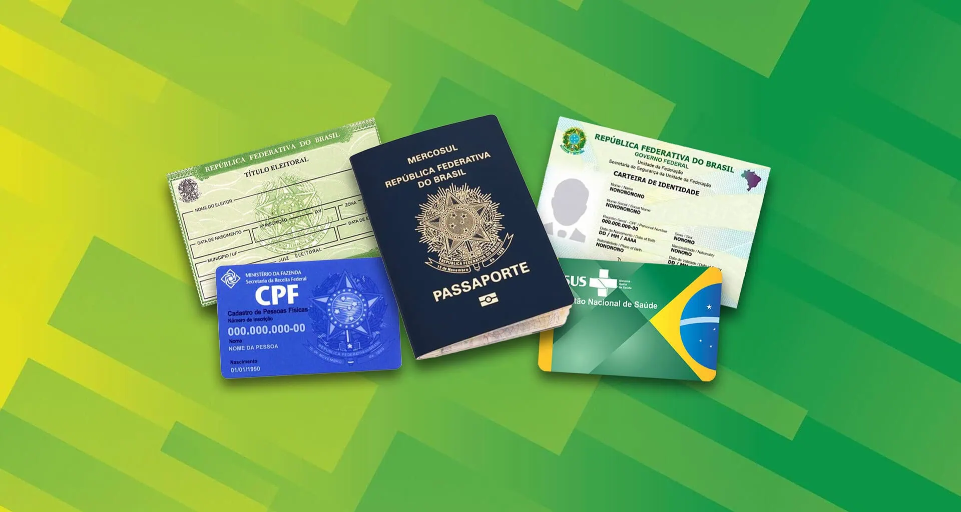 Vários documentos de identidade brasileiros agrupados em uma foto com fundo de tons diferentes de verde