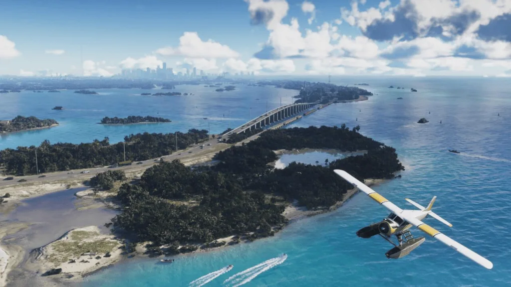 Take-Two promete un "precio justo" para GTA 6 y abre la posibilidad de un nuevo L.A. Noire. Vista aérea de Vice City en GTA 6, puente de hidroaviones, paisaje tropical, islas, océano azul, Rockstar Games, noviembre de 2026.