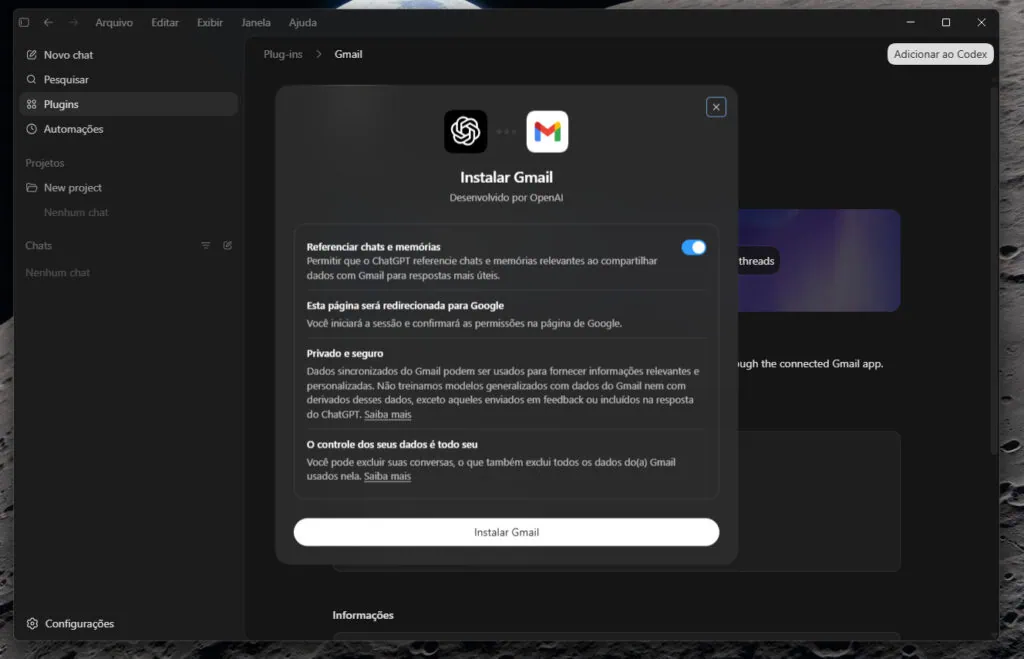 Codex, da openai, pode responder e-mails por você. Veja como Janela de instalação do plugin do gmail no codex, mostrando opções de permissões de privacidade e o botão "instalar gmail".