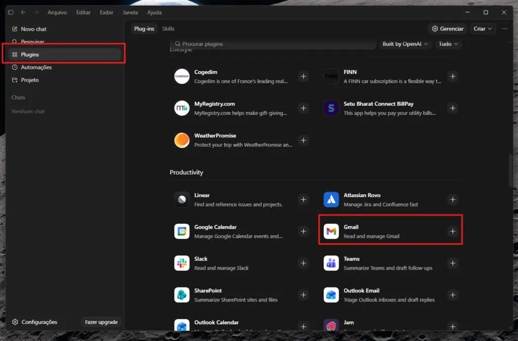 Codex, da openai, pode responder e-mails por você. Veja como Interface do codex com a aba "plug-ins" ativa e o plugin do gmail destacado com caixa vermelha na lista de produtividade.
