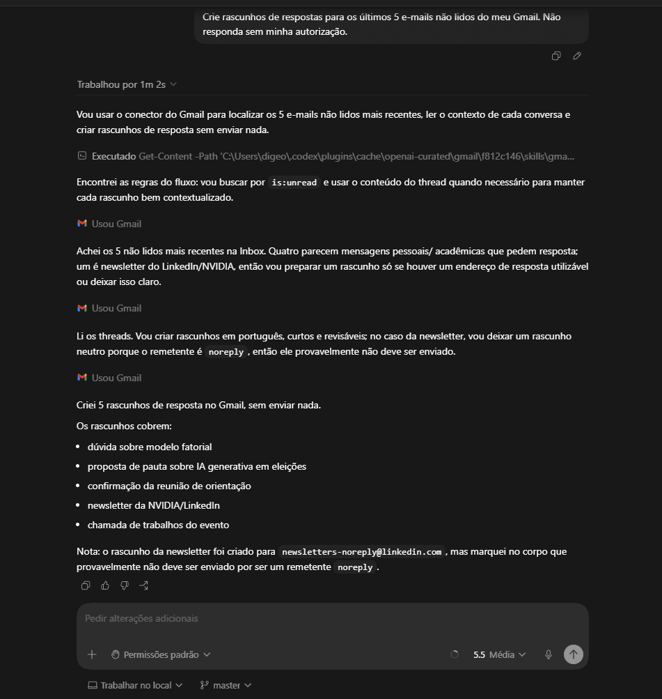 Codex, da openai, pode responder e-mails por você. Veja como Interface do codex exibindo o prompt de comando e o log de execução detalhado, onde a ia confirma a leitura de 5 e-mails e a criação dos rascunhos correspondentes.