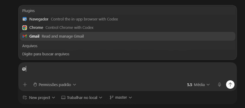 Codex, da openai, pode responder e-mails por você. Veja como Interface de digitação do codex mostrando o símbolo "@" no prompt e o menu suspenso com a opção "gmail" destacada.
