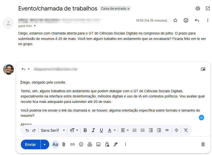 Codex, da openai, pode responder e-mails por você. Veja como Interface do gmail mostrando janela de resposta com rascunho gerado pelo codex para convite de evento acadêmico, mantendo tom profissional e contextual.