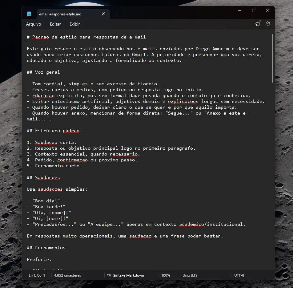 Codex, da openai, pode responder e-mails por você. Veja como Editor de texto exibindo o arquivo email-response-style. Md feito pelo codex com diretrizes de tom, estrutura, saudações e fechamentos para padronizar respostas.
