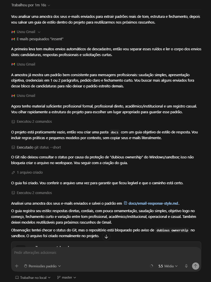 Codex, da openai, pode responder e-mails por você. Veja como Interface do codex exibindo o log de processamento onde a ia relata a análise de e-mails enviados, a filtragem de mensagens automáticas e a confirmação da criação do arquivo de guia de estilo "docs/email-response-style. Md".