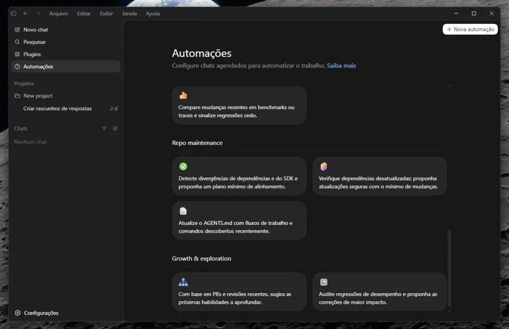 Codex, da openai, pode responder e-mails por você. Veja como Interface do codex mostrando a seção "automações" com menu lateral destacado e cartões de automações pré-configuradas organizadas por categorias como "repo maintenance" e "growth & exploration", com botão "nova automação" no topo.