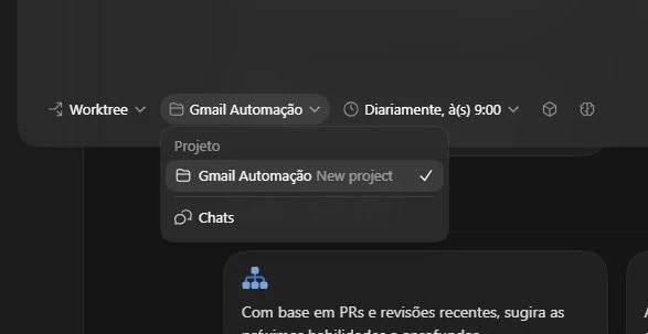 Codex, da openai, pode responder e-mails por você. Veja como Menu de seleção de projeto no codex mostrando "gmail automação" configurado para rodar diariamente às 9h.