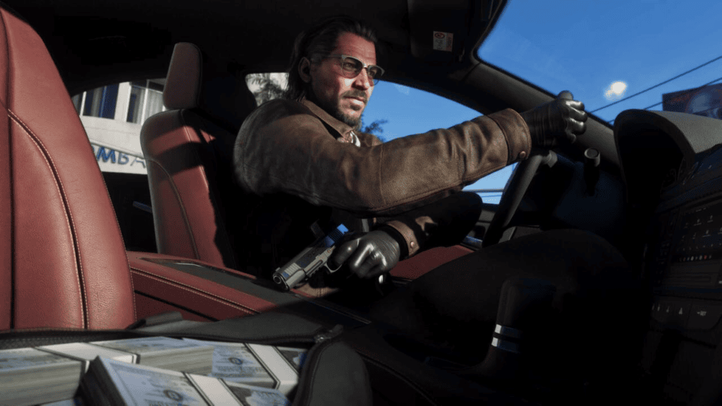 Take-Two promete un "precio justo" para GTA 6 y abre la posibilidad de un nuevo L.A. Noire. GTA 6: Personaje masculino conduciendo un coche con interior rojo, escena de acción, Vice City, Rockstar Games 2026
