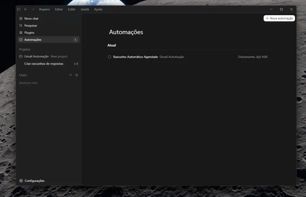 Codex, da openai, pode responder e-mails por você. Veja como Interface do codex na aba "automações", mostrando a tarefa "rascunho automático agendado" configurada para rodar diariamente às 9:00.