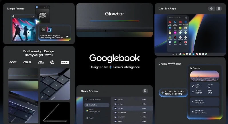 Android show 2026: veja tudo que o google lançou! Collage do novo googlebook destacando o magic pointer, a barra luminosa glowbar, a integração de apps do android e o design leve dos parceiros acer, asus e del