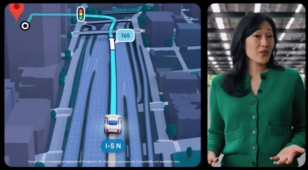 Android show 2026: veja tudo que o google lançou! Interface do google maps em tela dividida exibindo a navegação imersiva com visualização 3d de rodovias e uma apresentadora no palco.