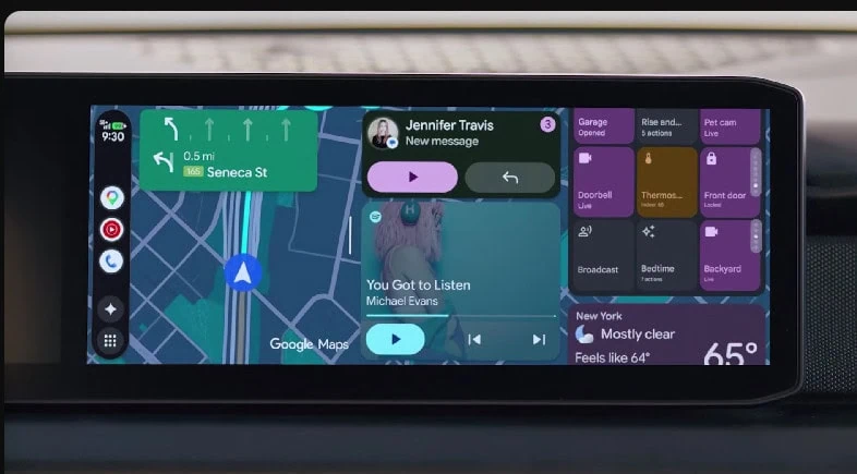 Android show 2026: veja tudo que o google lançou! Tela de painel de carro exibindo a interface atualizada do android auto com google maps, notificações e painéis de widgets de casa inteligente.
