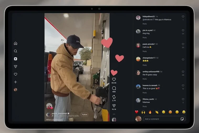 Android show 2026: veja tudo que o google lançou! Tablet android exibindo interface do instagram otimizada para tablets, com vídeo em reprodução e coluna de comentários e interações na lateral direita da tela.