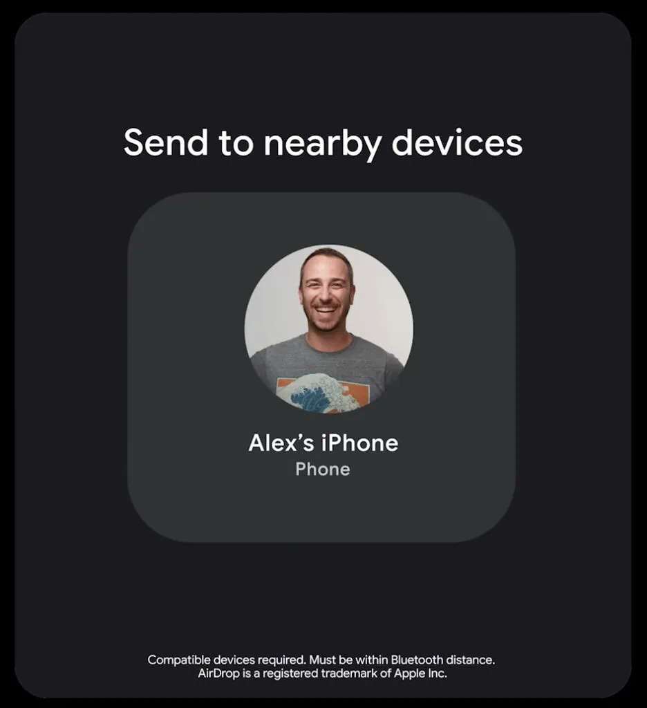 Android show 2026: veja tudo que o google lançou! Interface de compartilhamento "send to nearby devices" exibindo a detecção de um "iphone do alex", demonstrando a visualização de dispositivos apple na lista de envio do android.