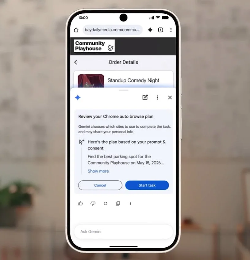 Android show 2026: veja tudo que o google lançou! Tela de smartphone exibindo o navegador chrome com uma janela de confirmação do recurso de auto-browsing do gemini, solicitando aprovação do usuário para executar uma busca de estacionamento.